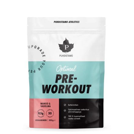 PUHDISTAMO Athletics Pre-Workout koffeinmentes, mango és málna - 350g